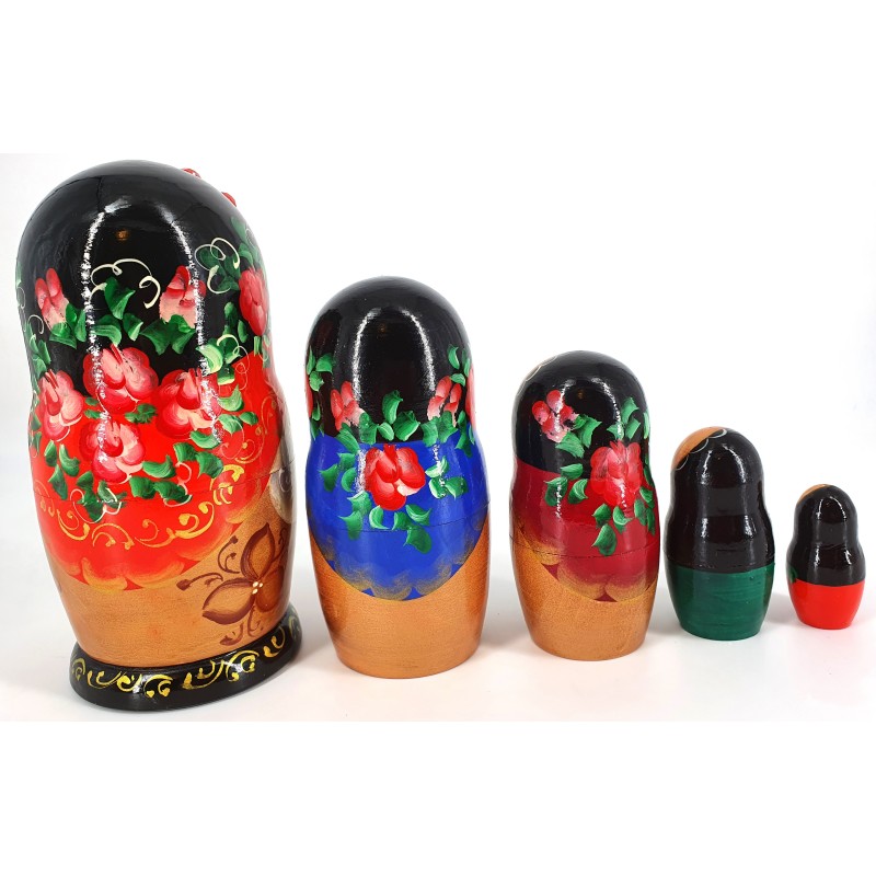 Poupées Russes Traditionnelles - Matriochka Bois - Motifs Fleurs Bleues Et Jaunes - 5 Pièces