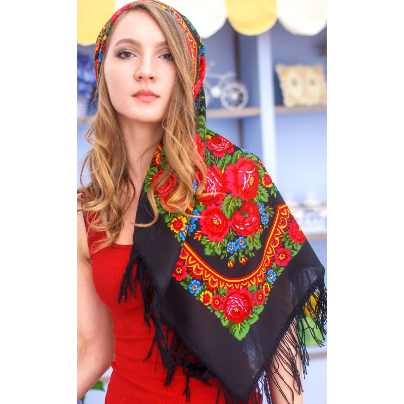Écharpe Russe Surdimensionnée Pour Femme - Châle Carré 134x134 Cm, Imprimé Traditionnel, Avec Pompons, Pour Toutes Occasions