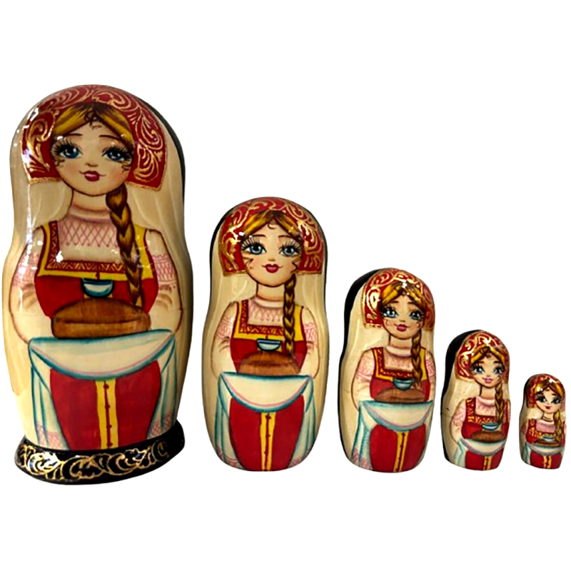 Poupées traditionnelles russes "Fille russe  avec brioche "- 5 pièces.