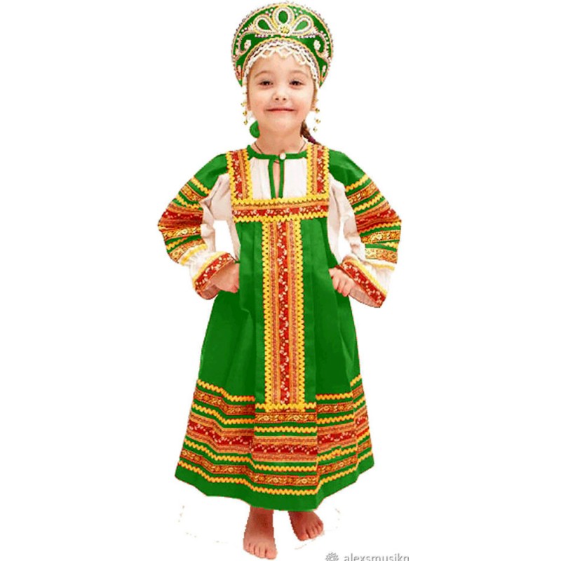 5-6 ans. Costume "Dachenka" pour fille. Couleur vert.